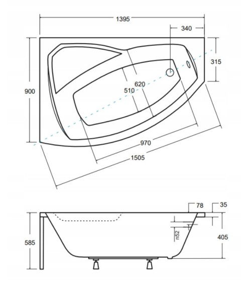 Baignoire d'angle GAUCHE RIMA 130/140/150/160/170 cm avec tablier NOIR