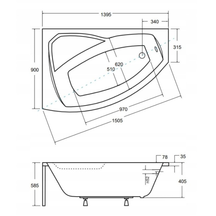 Baignoire d'angle GAUCHE RIMA 130/140/150/160/170 cm avec tablier NOIR