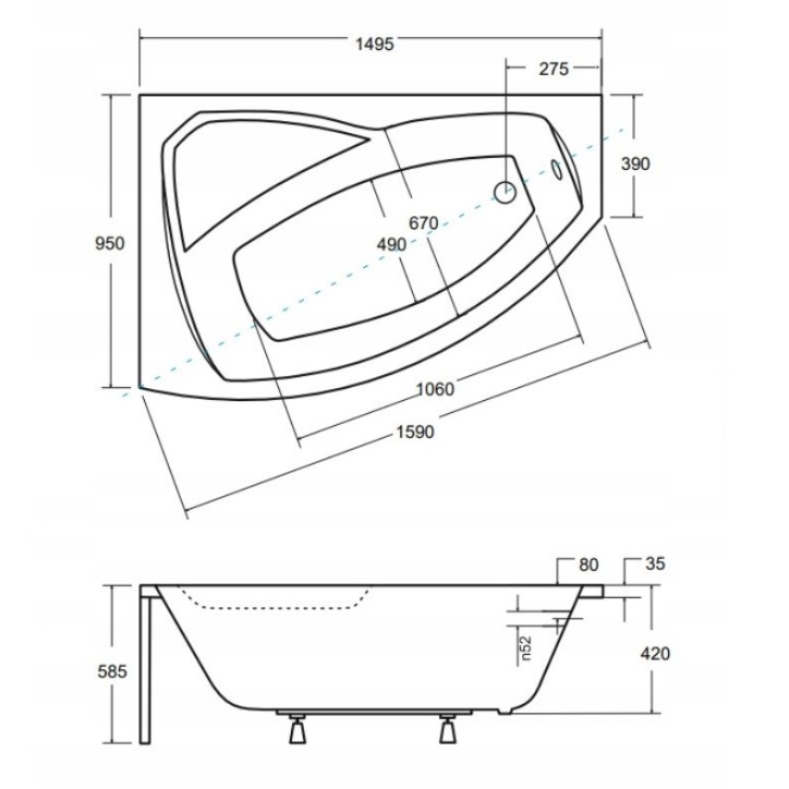 Baignoire d'angle GAUCHE RIMA 130/140/150/160/170 cm avec tablier NOIR
