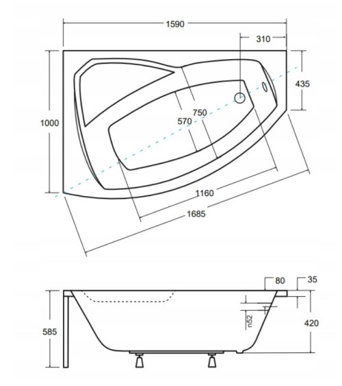 Baignoire d'angle GAUCHE RIMA 130/140/150/160/170 cm avec tablier NOIR