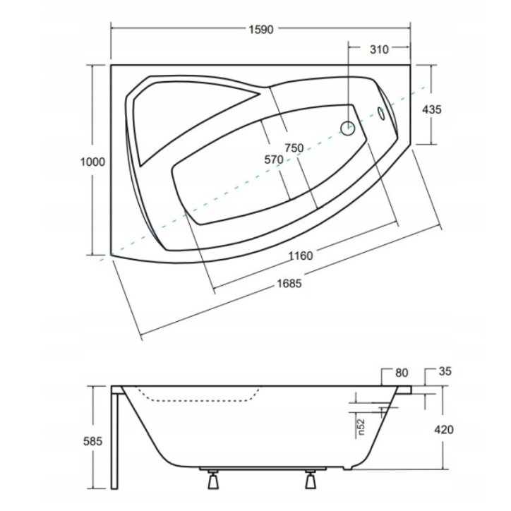 Baignoire d'angle GAUCHE RIMA 130/140/150/160/170 cm avec tablier NOIR