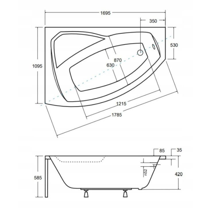 Baignoire d'angle GAUCHE RIMA 130/140/150/160/170 cm avec tablier NOIR
