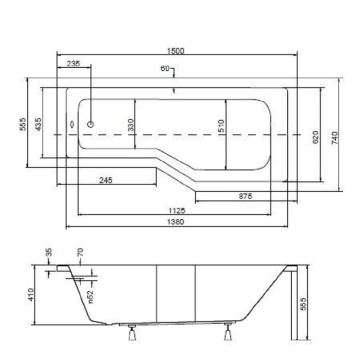 INTEGRA epäsymmetrinen kylpyamme 150/170 cm x 75 cm + kylpyseinä