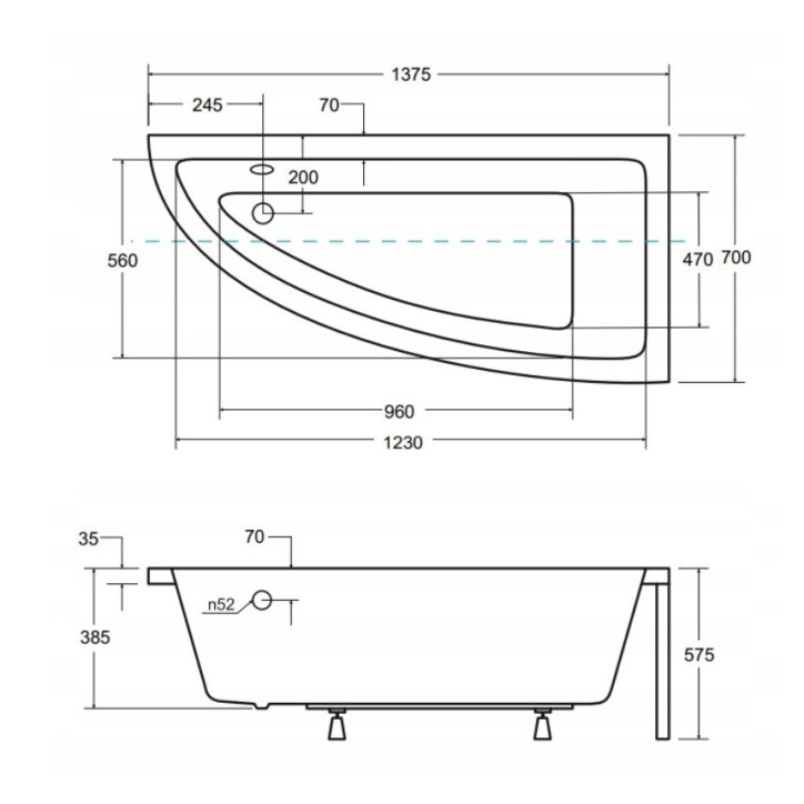 Baignoire d'angle ORIEGA 140 cm droite avec tablier noir