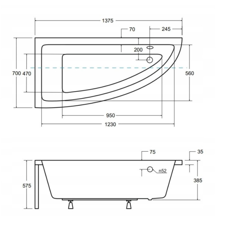 Baignoire d'angle ORIEGA 140 cm gauche avec tablier noir
