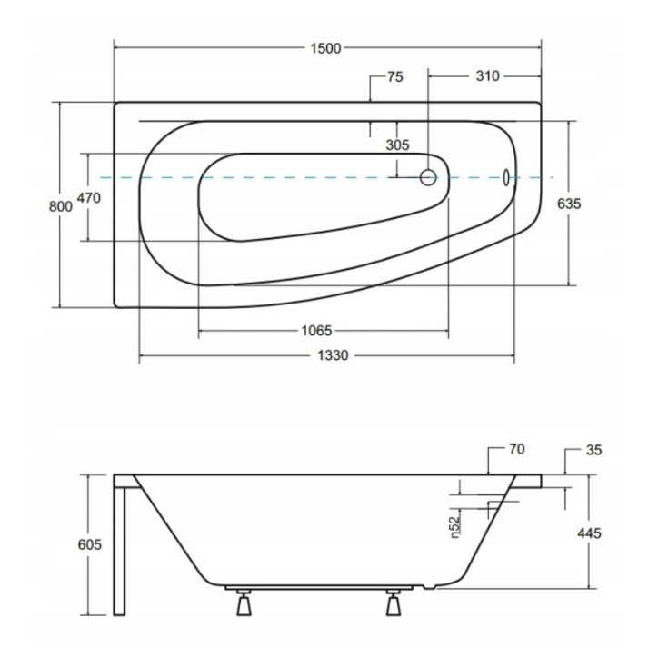 Baignoire d'angle LUNA 150 cm avec tablier noir
