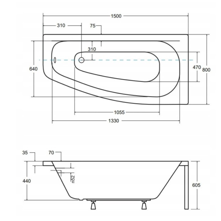 Baignoire d'angle LUNA 150 cm avec tablier noir