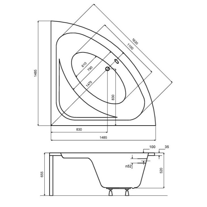Baignoire d'angle VENEZIA 148x148 cm avec tablier noir