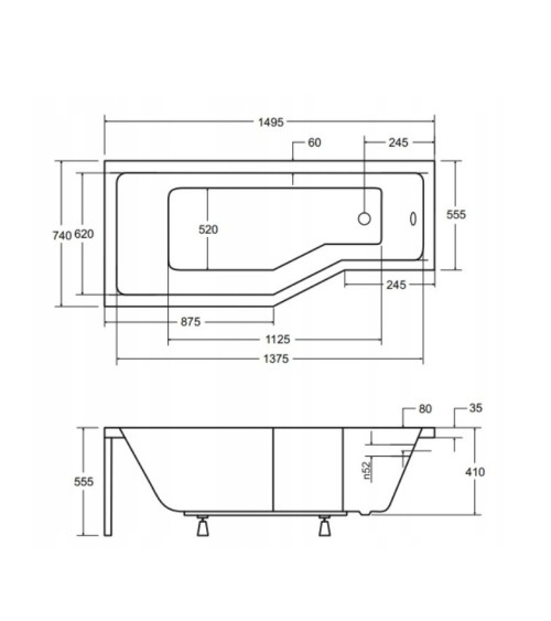 Baignoire asymétrique INTERO 150/170 cm x 75 cm avec tablier noir