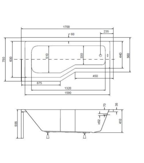 Baignoire asymétrique INTERO 150/170 cm x 75 cm avec tablier noir