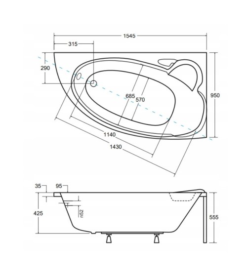 Baignoire d'angle NOVA 140/155/170cm Droite avec tablier noir