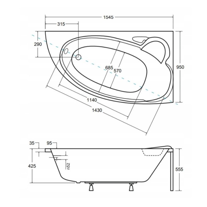 Baignoire d'angle NOVA 140/155/170cm Droite avec tablier noir