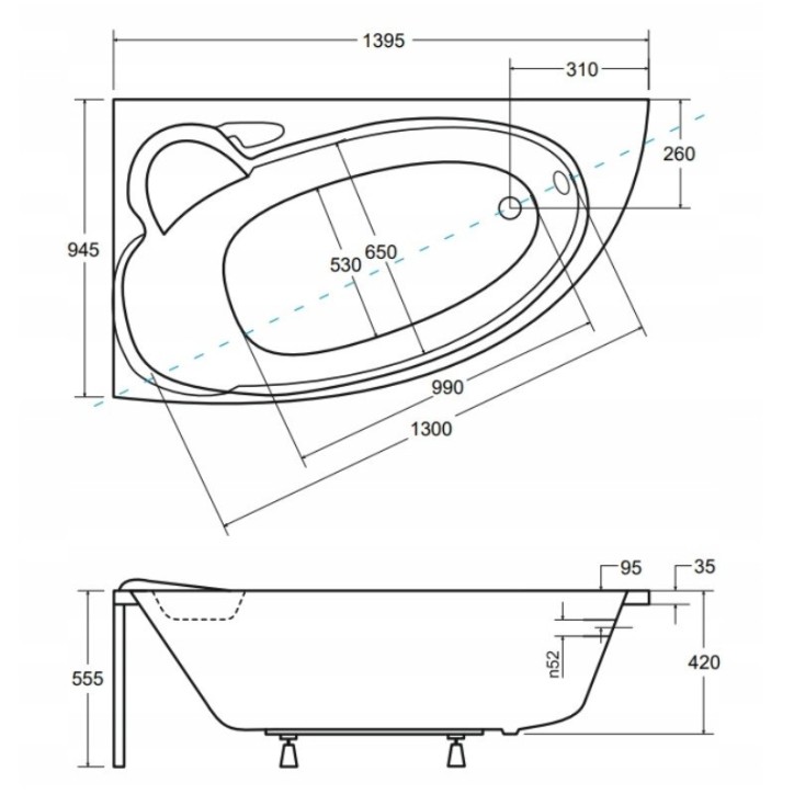 Baignoire d'angle NOVA 140/155/170cm GAUCHE avec tablier noir