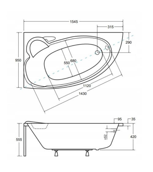 Baignoire d'angle NOVA 140/155/170cm GAUCHE avec tablier noir