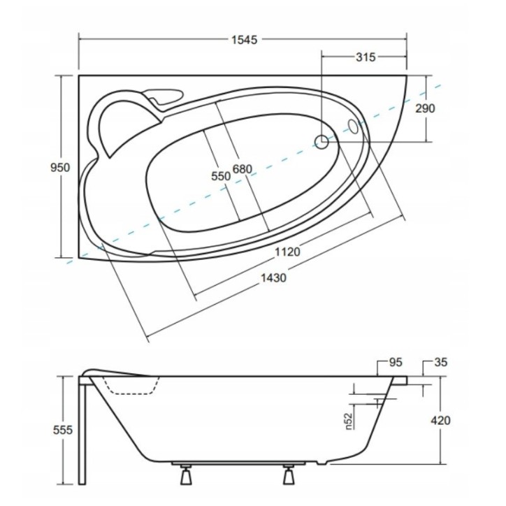Baignoire d'angle NOVA 140/155/170cm GAUCHE avec tablier noir