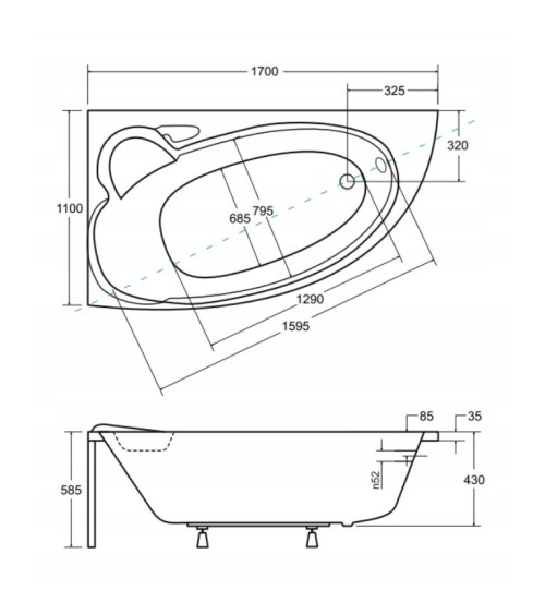 Baignoire d'angle NOVA 140/155/170cm GAUCHE avec tablier noir