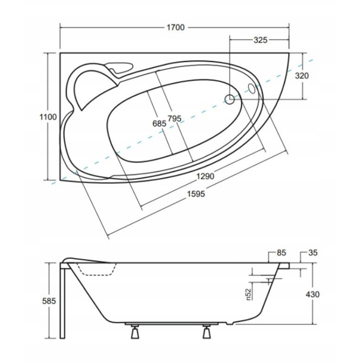 Baignoire d'angle NOVA 140/155/170cm GAUCHE avec tablier noir