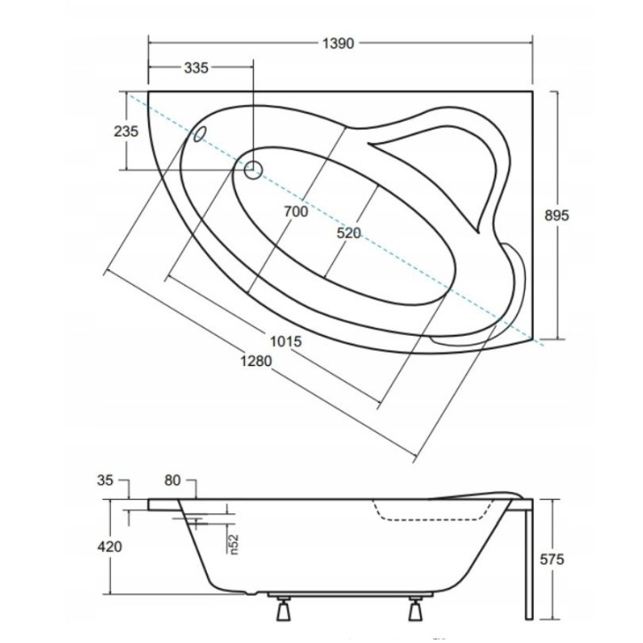 Baignoire d'angle ORIEGO MAXI 140x90 cm droite avec tablier NOIR