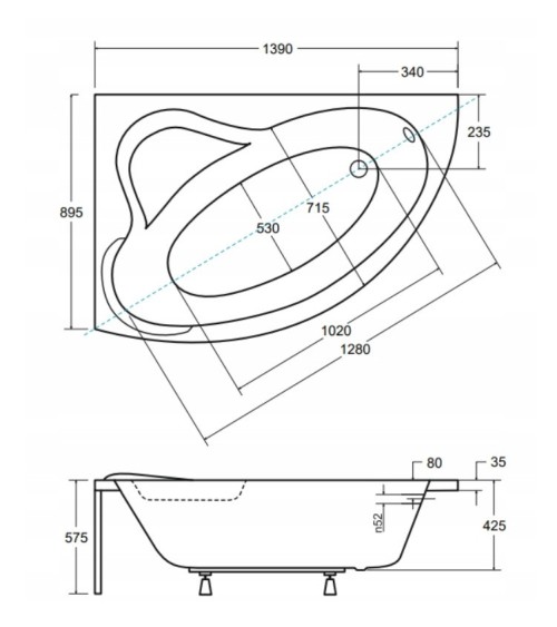 Baignoire d'angle ORIEGO MAXI 140x90 cm GAUCHE avec tablier NOIR