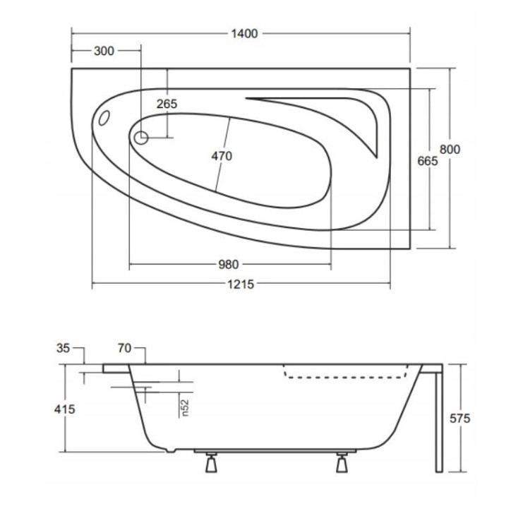 Baignoire d'angle CORNEA 140x80 cm droite avec tablier noir