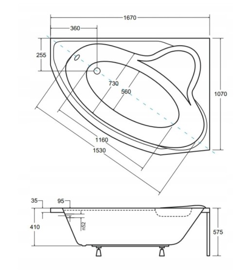 Baignoire d'angle DELFINA 166 X107CM droite avec tablier noir