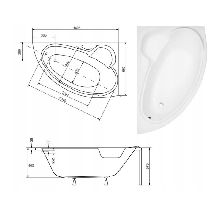 Baignoire d'angle BIANCA Droite 150 x 95 cm avec tablier NOIR