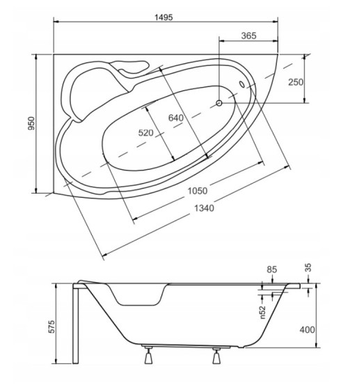 Baignoire d'angle BIANCA GAUCHE 150 x 95 cm avec tablier NOIR