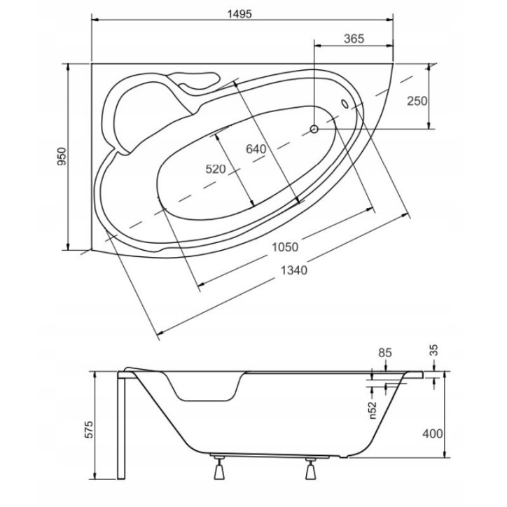 Baignoire d'angle BIANCA GAUCHE 150 x 95 cm avec tablier NOIR