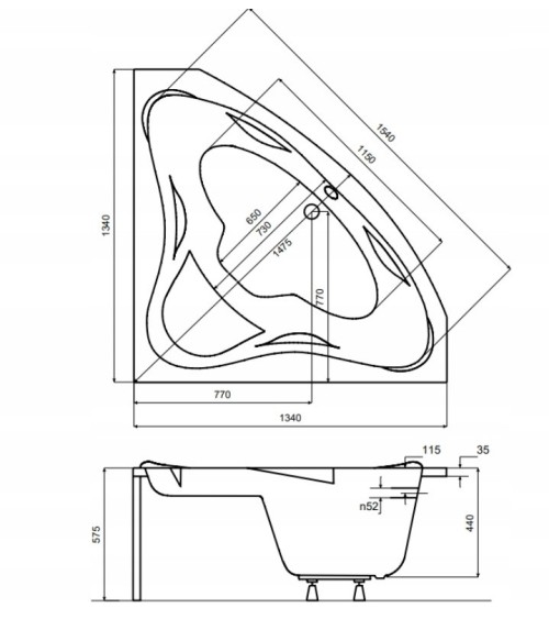 Baignoire d'angle EWA 134x134x57,5 cm avec tablier noir