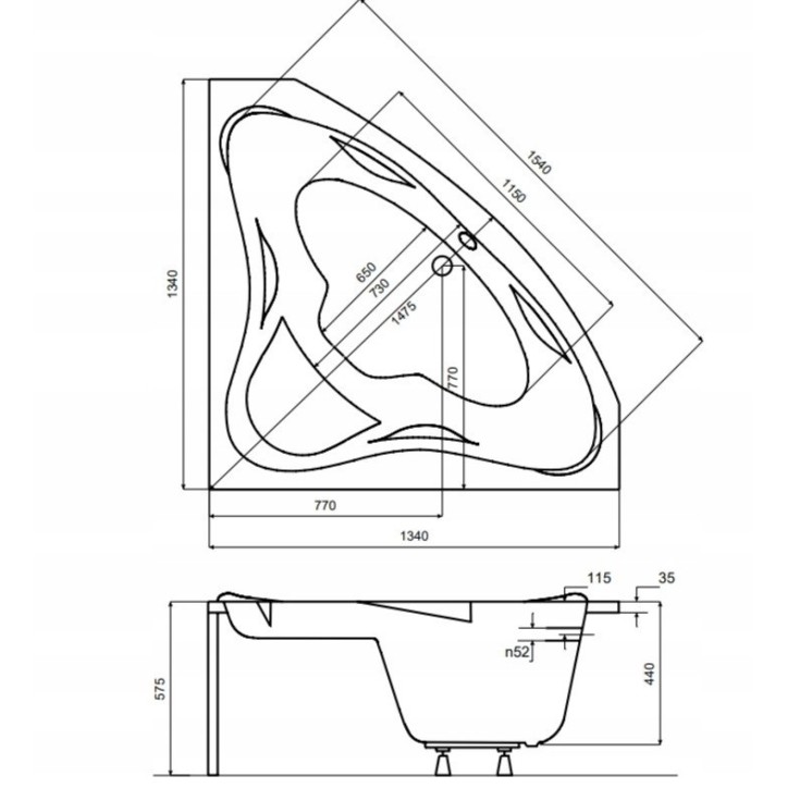 Baignoire d'angle EWA 134x134x57,5 cm avec tablier noir