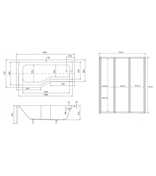 Baignoire asymétrique avec tablier noir INTEGRA 150cm + pare baignoire