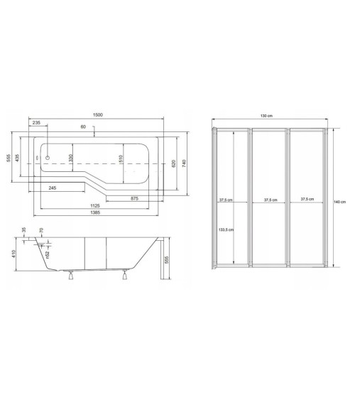 Baignoire asymétrique avec tablier noir INTEGRA 150cm + pare baignoire