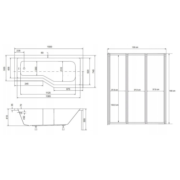 Baignoire asymétrique avec tablier noir INTEGRA 150cm + pare baignoire Baignoire asymétrique avec tablier noir INTEGRA 150cm + pare baignoire
