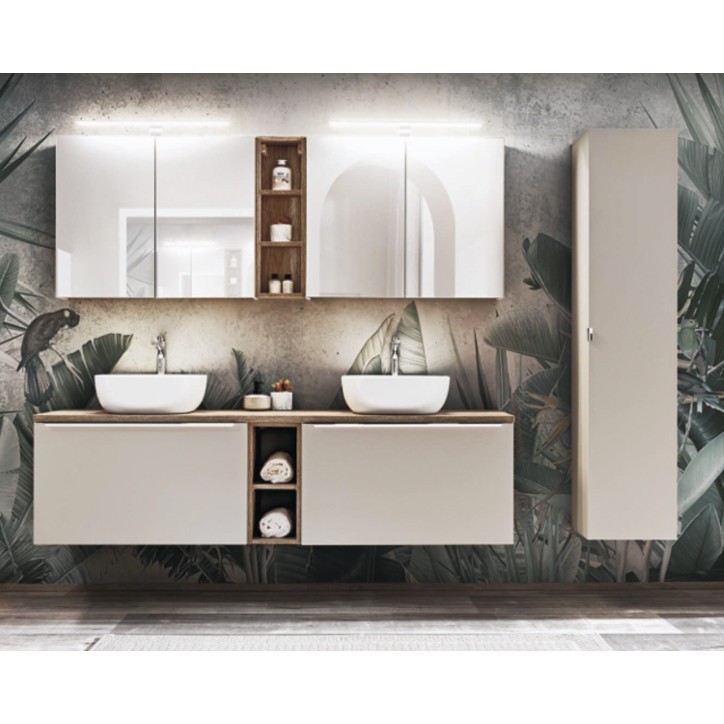 Ensemble de salle de bain Santa Fe Taupe 140cm - 2 vasques, 1 colonne