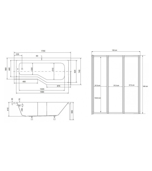 Baignoire asymétrique avec tablier noir INTEGRA 170cm + pare baignoire