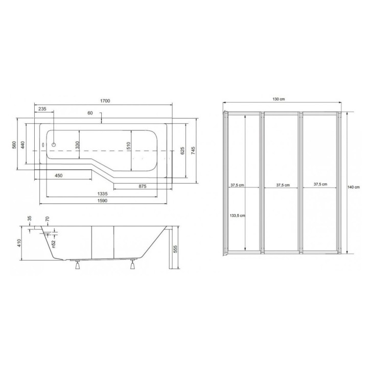 Baignoire asymétrique avec tablier noir INTEGRA 170cm + pare baignoire Baignoire asymétrique avec tablier noir INTEGRA 170cm + pare baignoire