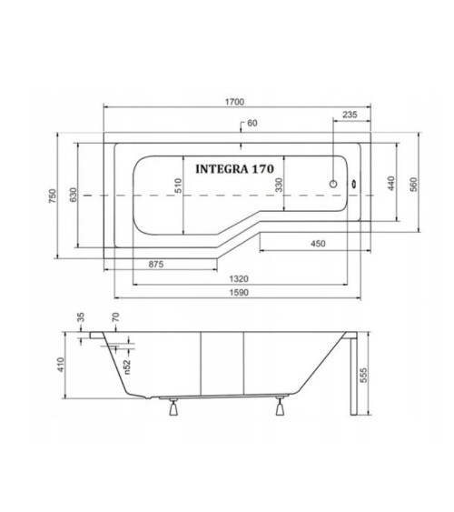 Baignoire asymétrique avec tablier noir INTEGRA 170cm + pare baignoire