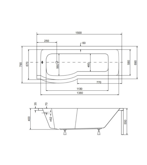 Baignoire INSPIRO tablier noir 150 cm + pare baignoire