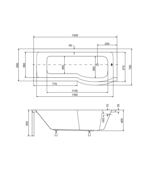 Baignoire INSPIRO tablier noir 150 cm + pare baignoire