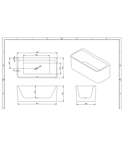 Baignoire Îlot Balnéo Bornéo 150 x 75 x 58 cm