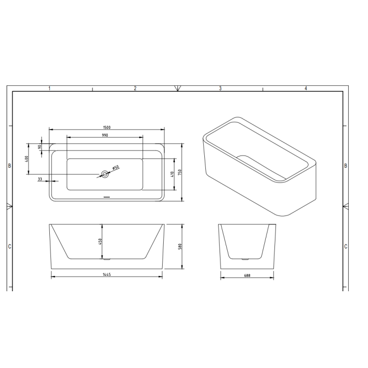 Baignoire Îlot Balnéo Bornéo 150 x 75 x 58 cm