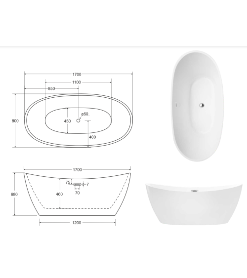 Baignoire îlot AYLA GLAM GOLDEN 170 x 80 cm