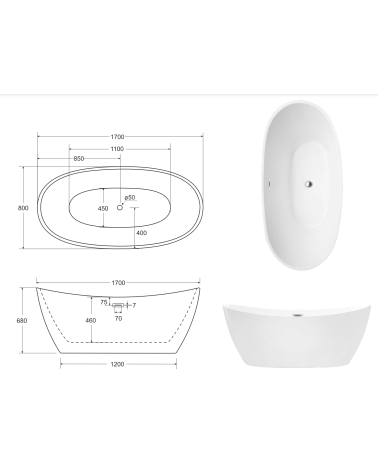 Baignoire îlot AYLA GLAM GOLDEN 170 x 80 cm