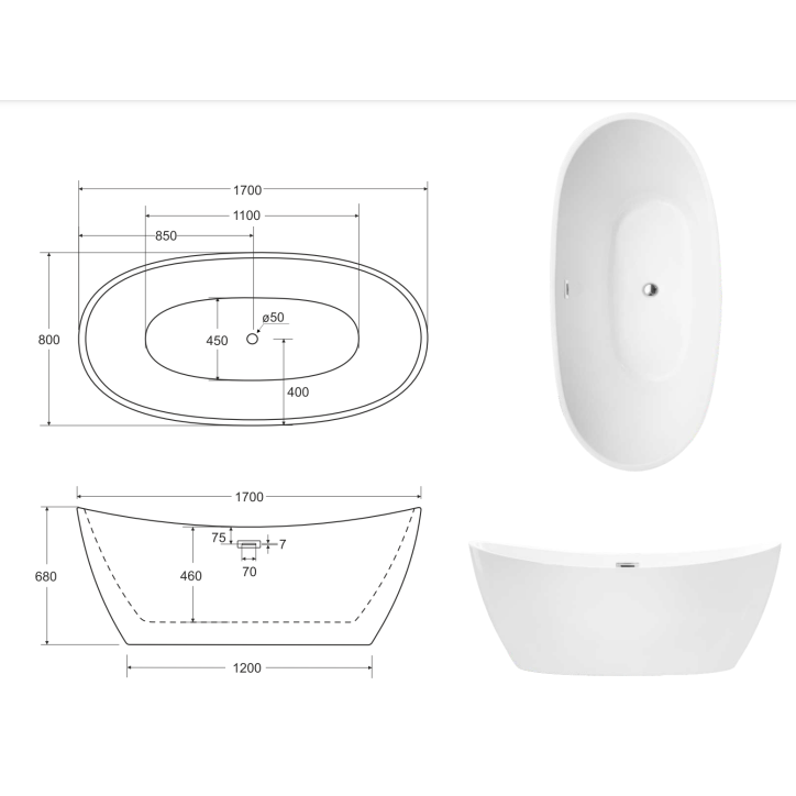 Baignoire îlot AYLA GLAM GOLDEN 170 x 80 cm