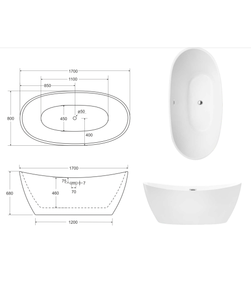 Baignoire îlot AYLA GLAM SILVER 170 x 80 cm