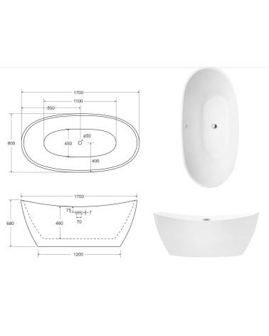 Baignoire îlot AYLA GLAM SILVER 170 x 80 cm