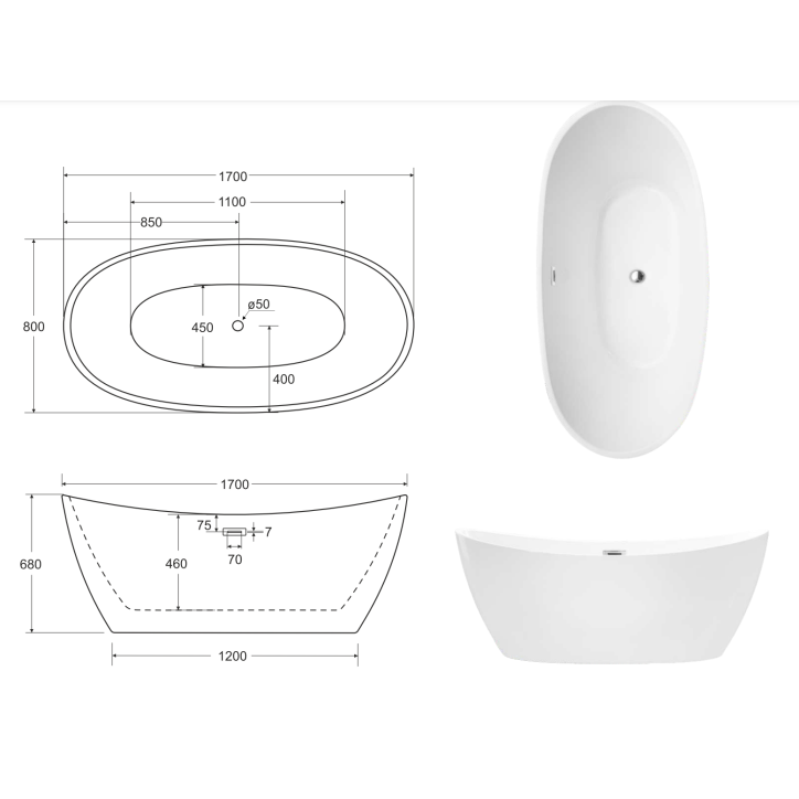 Baignoire îlot AYLA GLAM SILVER 170 x 80 cm