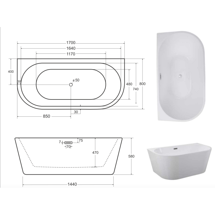 Baignoire îlot VICA 150/170 x 80 cm