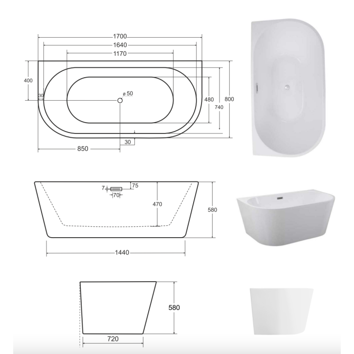 Baignoire îlot VICA GLAM SILVER 150/170 x 80 cm Baignoire îlot VICA GLAM SILVER 150/170 x 80 cm