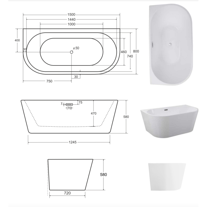 Baignoire îlot VICA GLAM GRAPHITE 150/170 x 80 cm